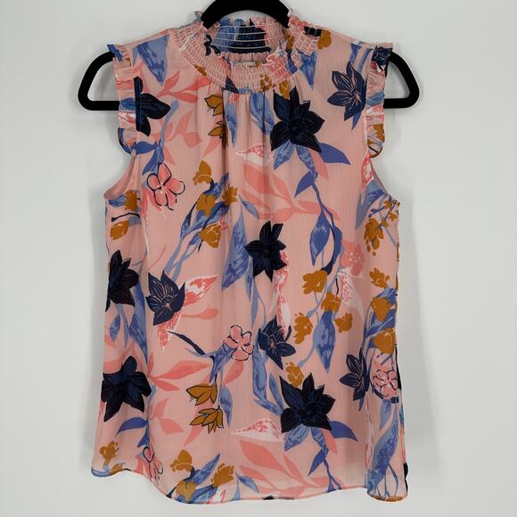 J.Crew Floral Mock Neck Sheer Overlay Ruffle Tank Top Blouse Pink Blue Womens 0 - Picture 1 of 5